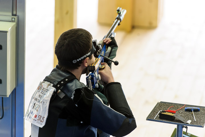 SUHL - MAY 4: 8th placed Timur AKHMEDZHANOV fo the Russian Federation competes in the 50m Rifle 3 Positions Men Junior Finals at the Shooting Center Suhl during Day 4 of the ISSF Junior World Cup Rifle/Pistol/Shotgun on May 4, 2016 in Suhl, Germany. (Photo by Nicolo Zangirolami)